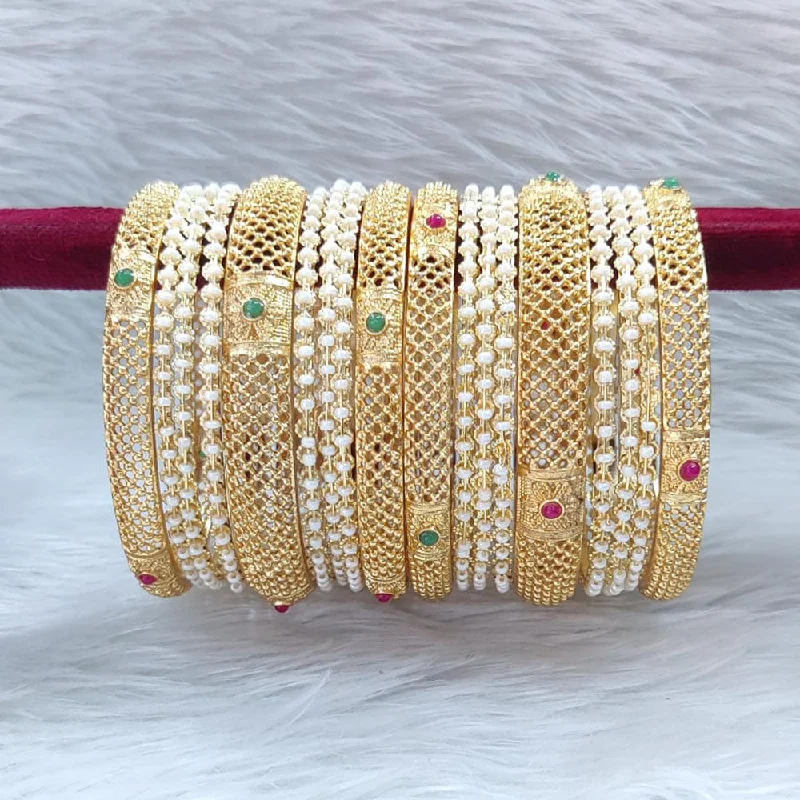 women’s wedding bracelet-Pooja Bangles Gold Plated Pota Stone And Pearl Bangle Set