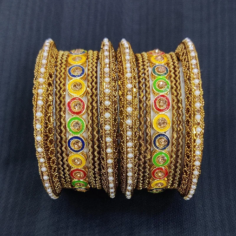 women’s engraved bangle-Pooja Bangles Gold Plated Austrian Stone And Pearl Bangles Set