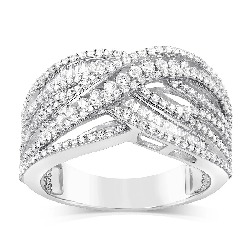 women’s stackable engagement ring-Sterling Silver 0.95 Carat Diamond Ring With Round and Baguette Cut Diamonds