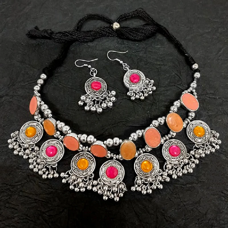 women’s ruby necklace-Bevy Pearls Oxidised Plated Pota Stone Choker Necklace Set