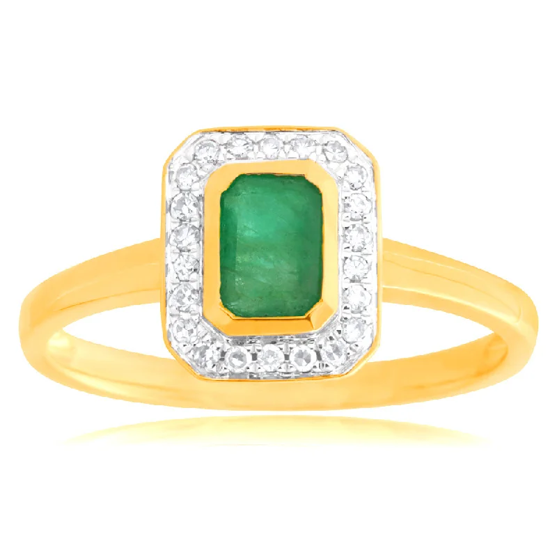 women’s round diamond halo engagement ring-9ct Yellow Gold 0.6ct Natural Emerald and 1/10 Carat Diamond Ring