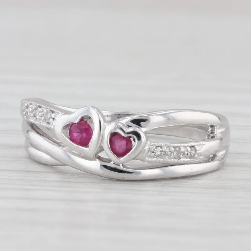 women’s three-stone engagement ring-0.14ctw 2-Heart Ruby Diamond Ring 10k White Gold Size 6.5 Bypass