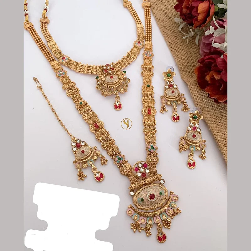 women’s family necklace-FS Collection Gold Plated Pota Stone And Meenakari Double Necklace Set