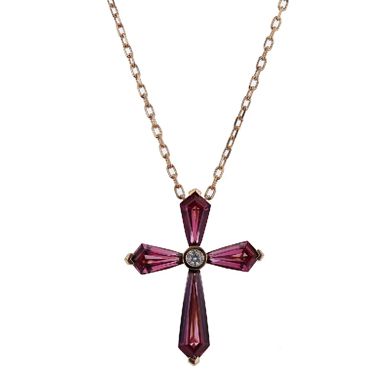 women’s designer necklace-Pink Garnet and Diamond Cross Pendant Necklace