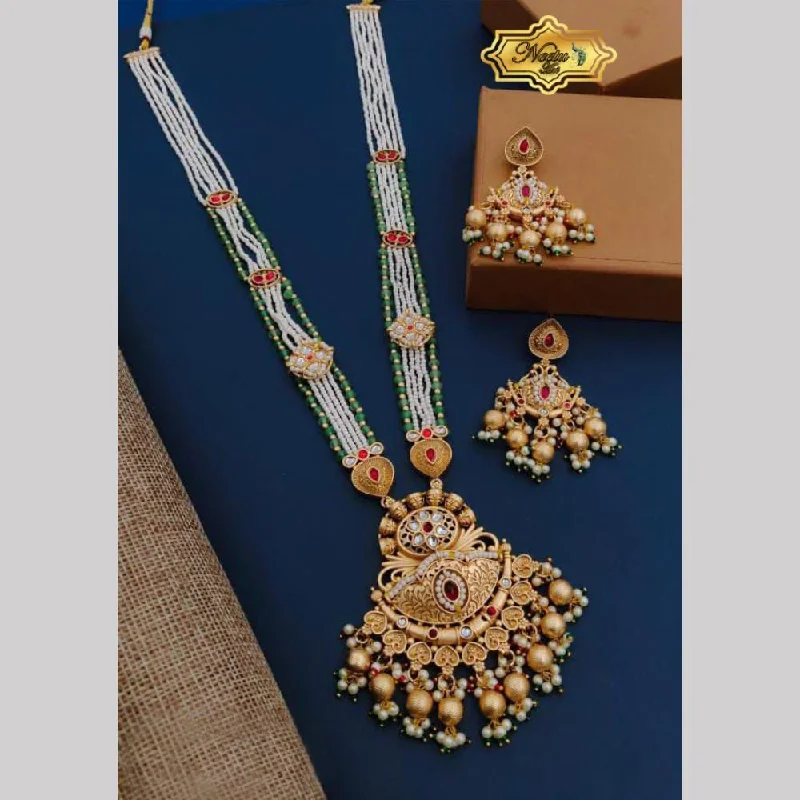 women’s anniversary pendant necklace-Neetu Art Gold Plated Pota Stone And Pearl Long Necklace Set