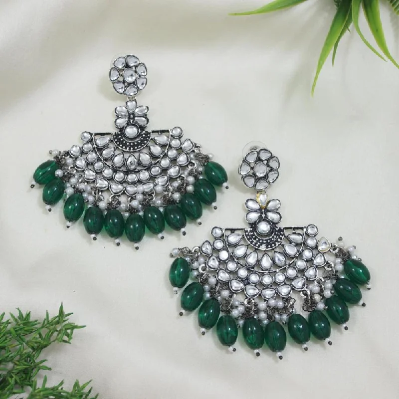 women’s dangling earrings-Etnico Silver Oxidised Kundan & Pearl Chandbali Earrings For Women (E3106ZG)