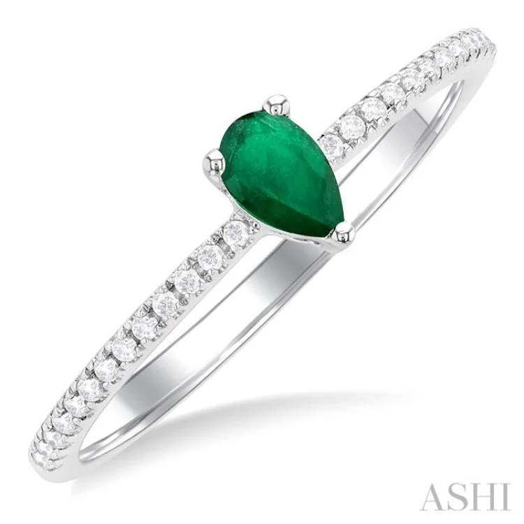 women’s rose gold ring-1/10 ctw Petite 5X3MM Pear Cut Emerald and Round Cut Diamond Precious Fashion Ring in 10K White Gold