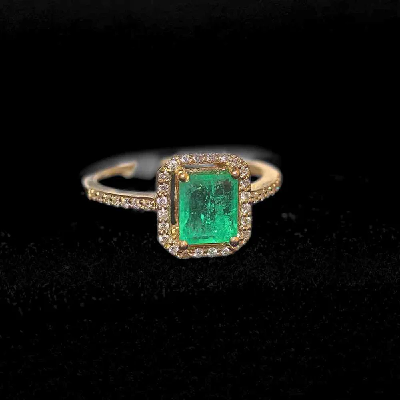 women’s halo engagement ring-14K Yellow Gold 2.55G Emerald Diamond Ring