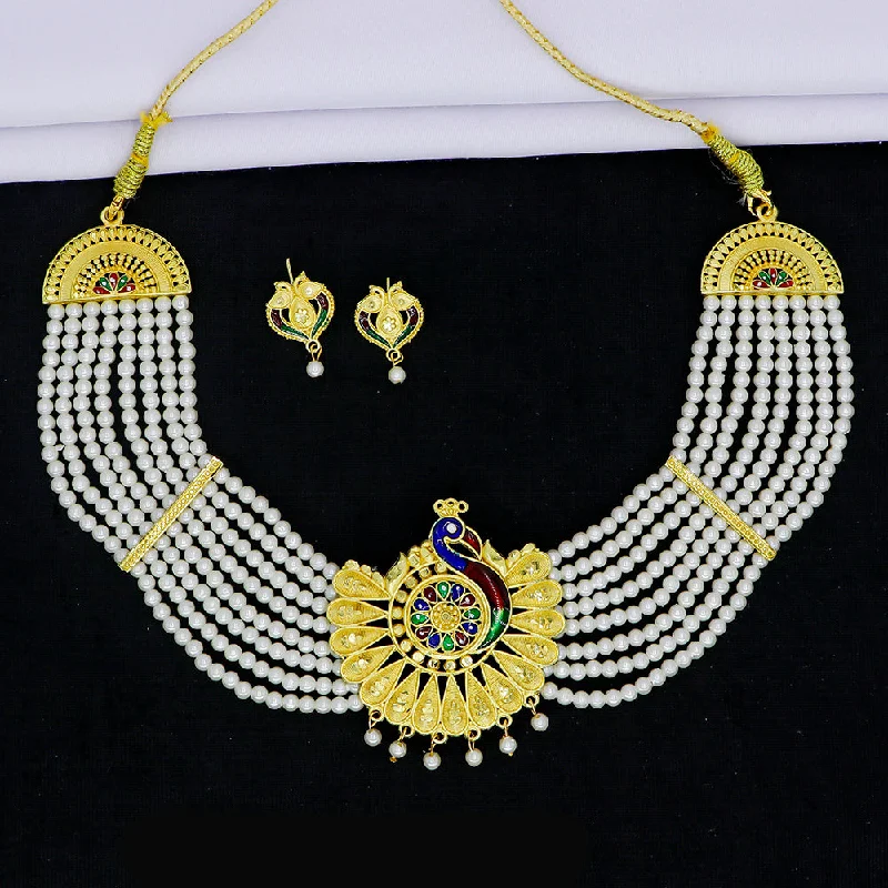 women’s trendy necklace-Mahavir Gold Plated Pearls Meenakari Necklace Set