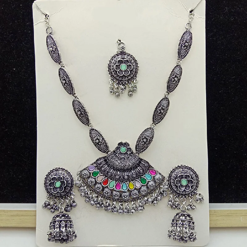 women’s gold necklace-SP Jewellery Oxidised Plated Pota Stone Necklace Set