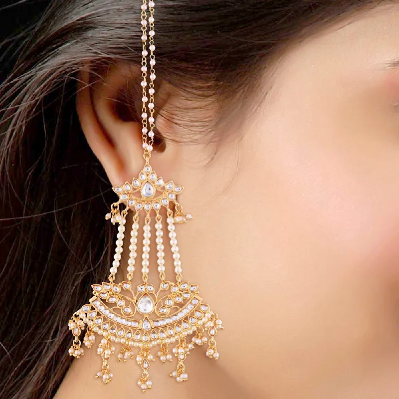 women’s rose gold earrings-Etnico 18K Gold Plated Intricately Designed Traditional Earrings with Hair Chain Encased With Kundans & Pearls (E2464W)