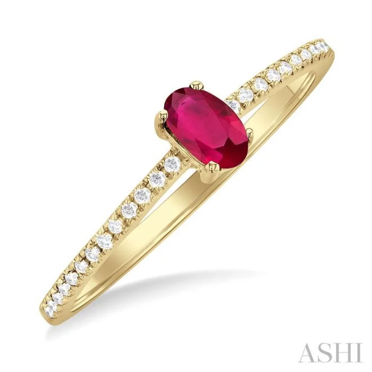 women’s birthstone wedding ring-1/10 ctw Petite 5X3MM Oval Cut Ruby and Round Cut Diamond Precious Fashion Ring in 10K Yellow Gold