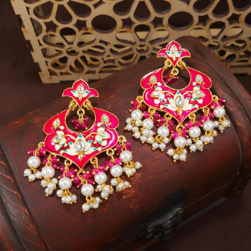 women’s luxury gold earrings-Etnico Gold Plated Meenakari Kundan & Pearl Drop Chandbali Earrings For Women (E2920Pi)