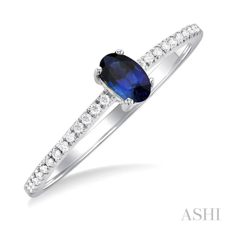 women’s personalized ring-1/10 ctw Petite 5X3MM Oval Cut Sapphire and Round Cut Diamond Precious Fashion Ring in 10K White Gold