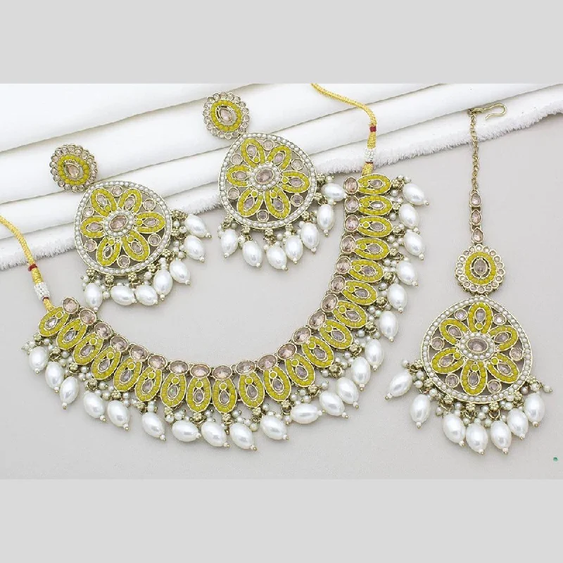 women’s gemstone necklace-Anjali Jewellery Gold Plated Pota Stone And Pearls Necklace Set