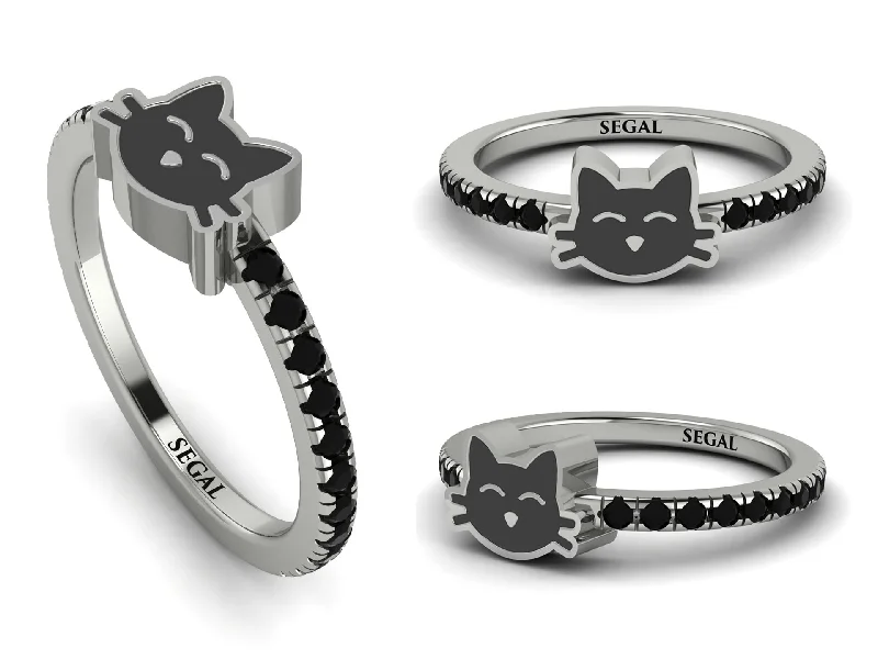 women’s luxury engagement ring-Elegant Enamel Cat Black Diamond Ring - Cat No. 9