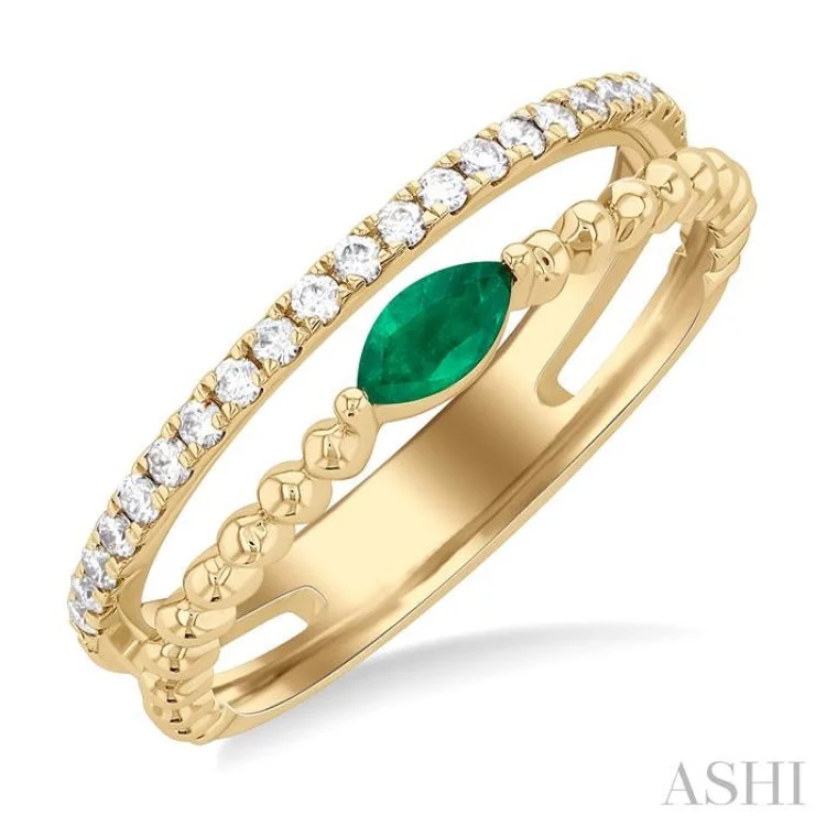 women’s eternity diamond ring-1/5 ctw Round Cut Diamond and 5X2.5MM Marquise Shape Emerald Precious Split Twin Ring in 10K Yellow Gold