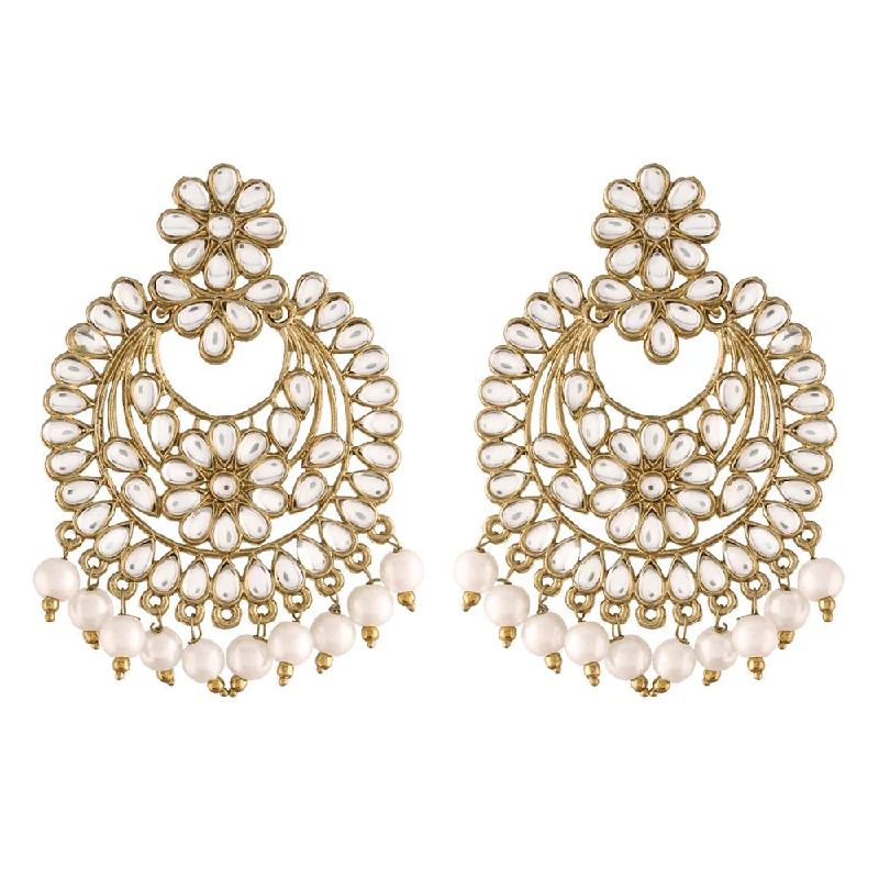 women’s long drop earrings-Etnico 18K Gold Plated Traditional Handcrafted Chandbali Earrings Set Encased With Faux Kundan & Pearl For Women/Girls (E2800W)