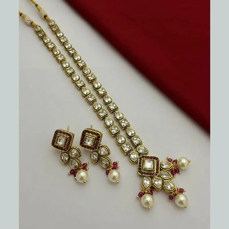 women’s engraved necklace-FS Collection Gold Plated Kundan Stone And Pearls Long Necklace Set