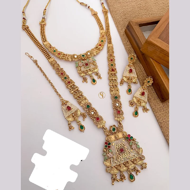 women’s fancy diamond necklace-FS Collection Gold Plated Pota Stone And Meenakari Double Necklace Set