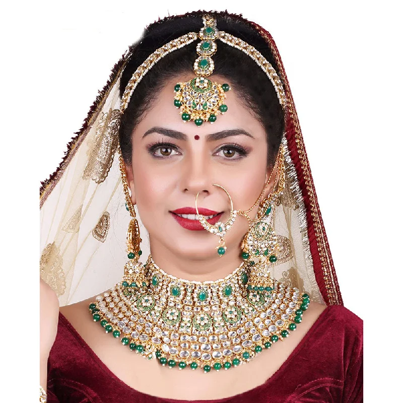 women’s custom necklace-Neetu Art Gold Plated Kundan Stone And Beads Semi Bridal Necklace Set