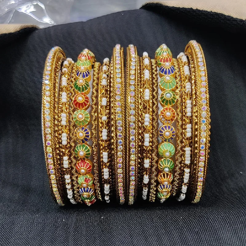 women’s casual gold bracelet-Pooja Bangles Gold Plated Austrian Stone And Pearl Bangles Set