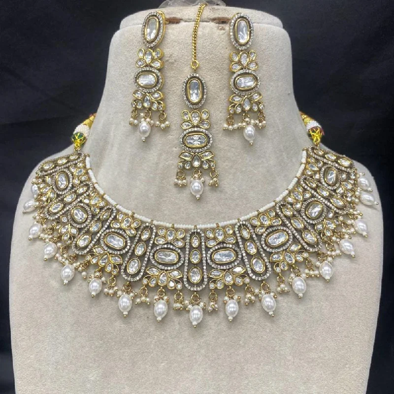 women’s chunky chain necklace-Amoliya Jewels Gold Plated Polki Kundan Stone And Pearls Choker Necklace Set