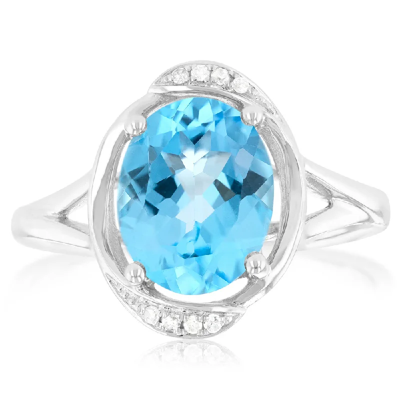 women’s cushion cut engagement ring-9ct White Gold Natural Blue Topaz And Diamond Ring