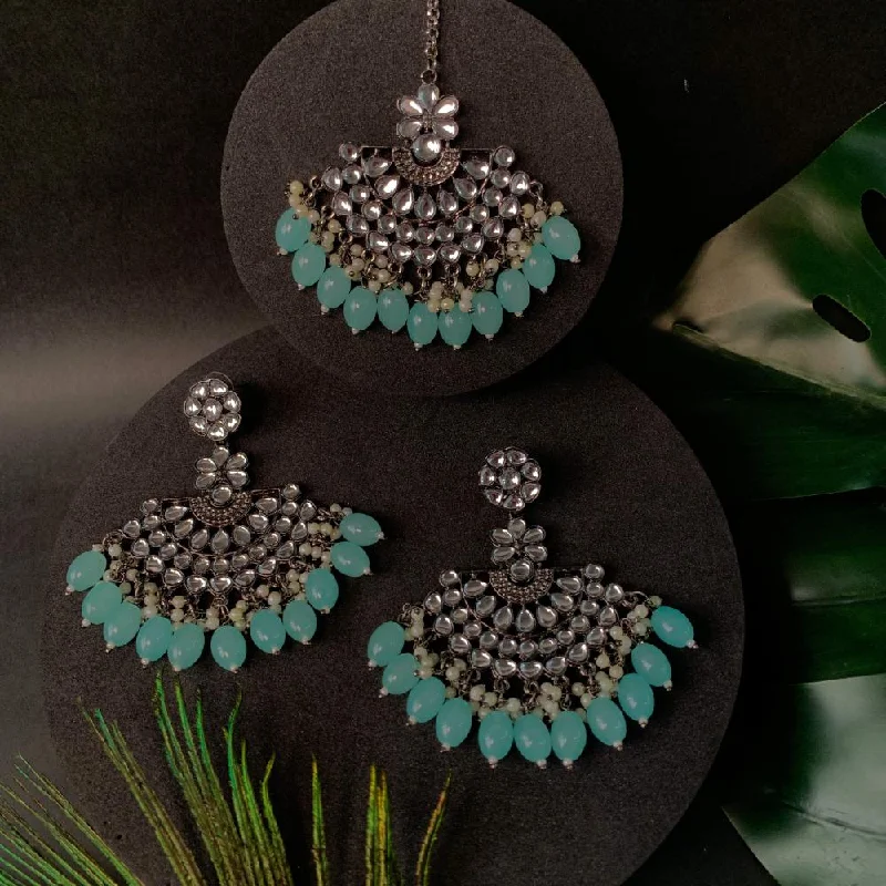 women’s dangling earrings-Etnico Ethnic Stylish Silver Oxidised Kundan Pearl Chandbali Earrings With Maang Tikka Set For Women And Girls (TE3106ZSb)