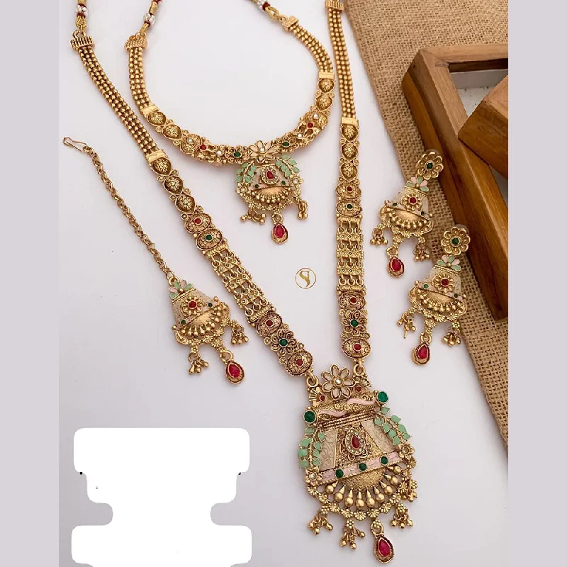 women’s stylish pendant necklace-FS Collection Gold Plated Pota Stone And Meenakari Double Necklace Set