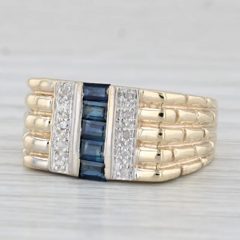 women’s promise engagement ring-0.53ctw Blue Sapphire Diamond Ring 10k Yellow Gold Bamboo Pattern Band Size 6.75