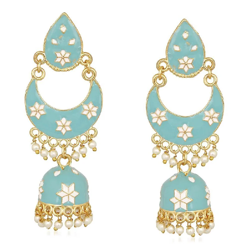 women’s floral earrings-Mahi Traditional Ethnic Blue Meenakari work Dangler Chandbali Jhumki Earrings with Artificial Pearl for Women (ER1109728GLBlu)