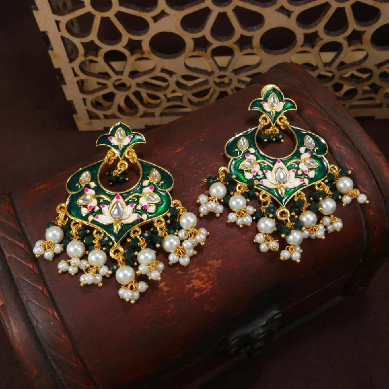 women’s stud earrings-Etnico Gold Plated Meenakari Kundan & Pearl Drop Chandbali Earrings For Women (E2920G)