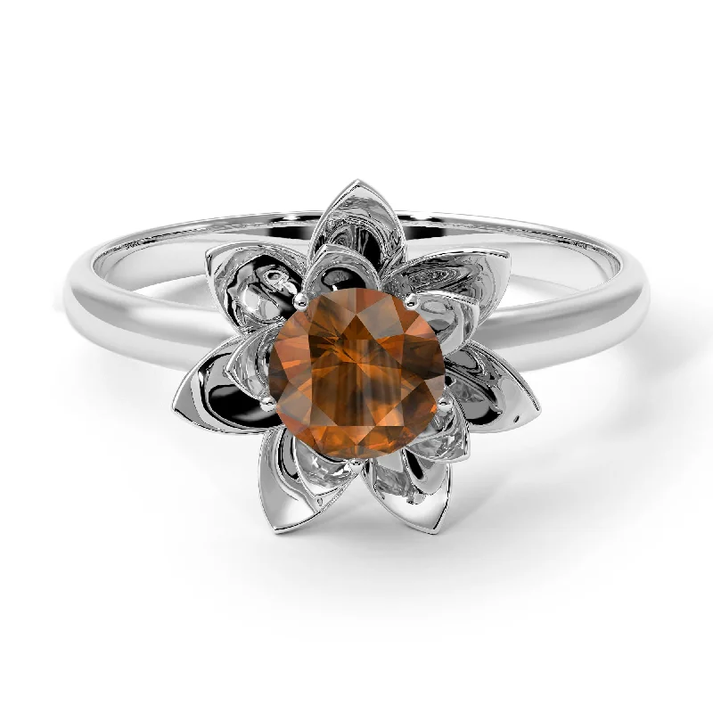 women’s white gold diamond engagement ring-Lotus Flower Solitaire Brown Diamond Ring - Lotus no. 1103