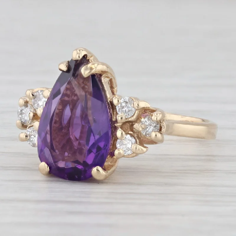 women’s custom sapphire engagement ring-3.60ctw Teardrop Amethyst Diamond Ring 14k Yellow Gold Size 5.5