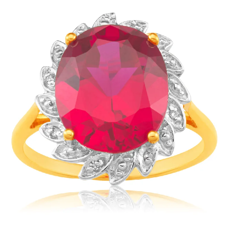 women’s three-stone engagement ring-9ct Yellow Gold Created Ruby and Diamond Ring