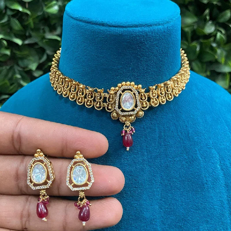 women’s circle necklace-Royal Kundan Jewellery Gold Plated Polki Kundan And Pearls Choker Necklace Set