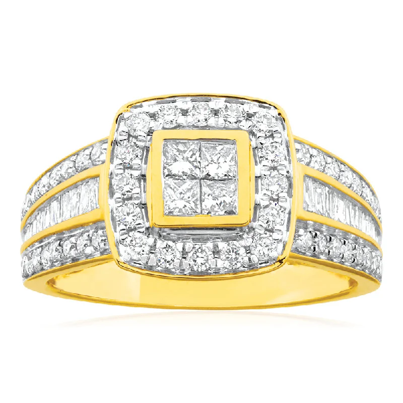 women’s wedding band and engagement ring set-9ct Yellow Gold 1 Carat Diamond Ring Set with 76 Stunning  Diamonds