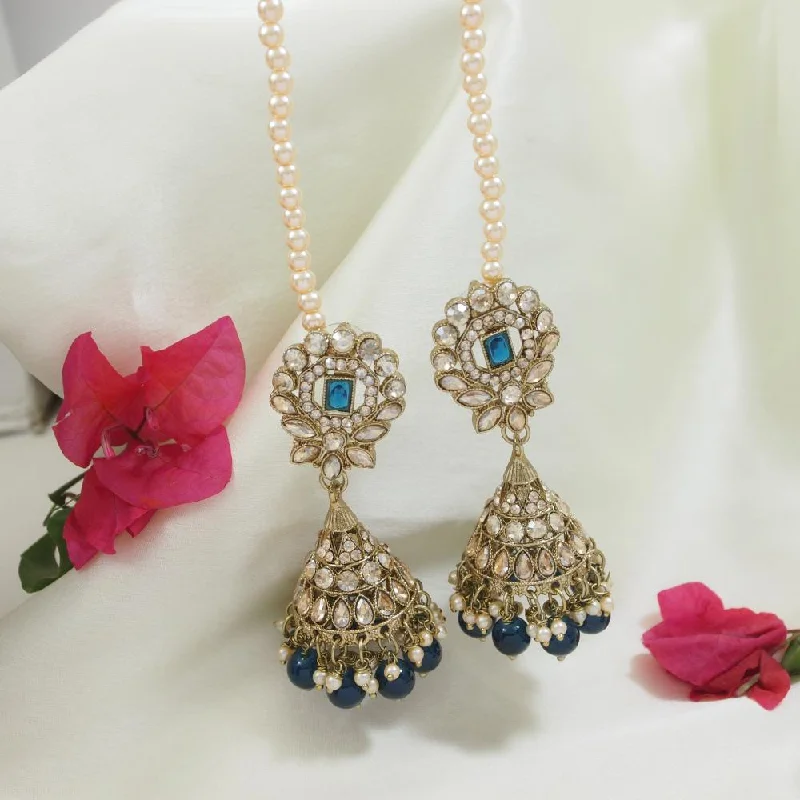 women’s chandelier earrings-Etnico Gold Plated Traditional Kundan & Pearl Jhumka Earrings With Pearl Earchain For Women (E3257MO)