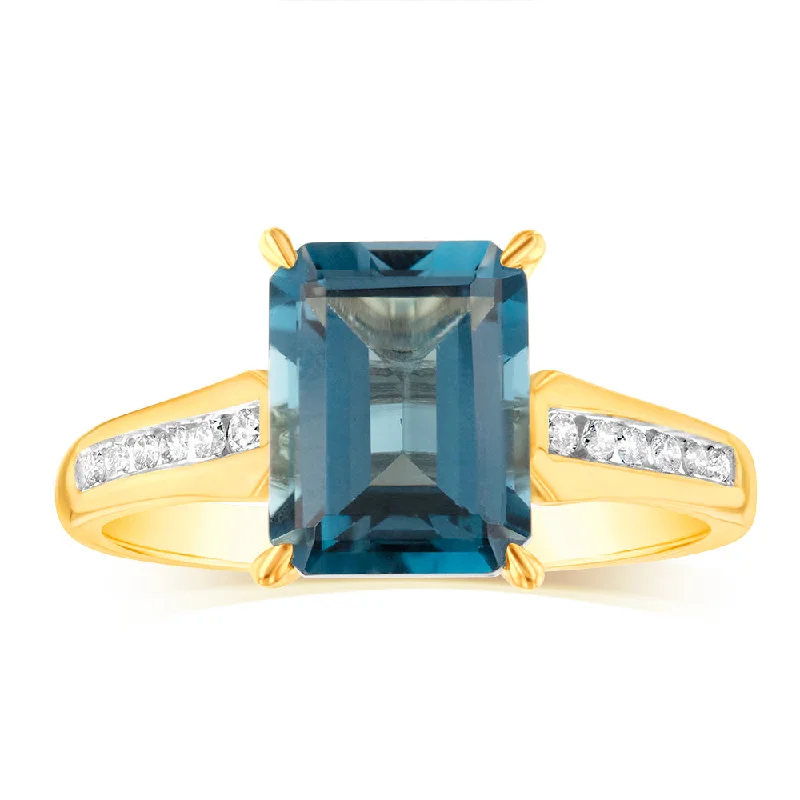 women’s custom engagement ring design-9ct Yellow Gold Natural London Blue Topaz and Channel Set Diamond Ring