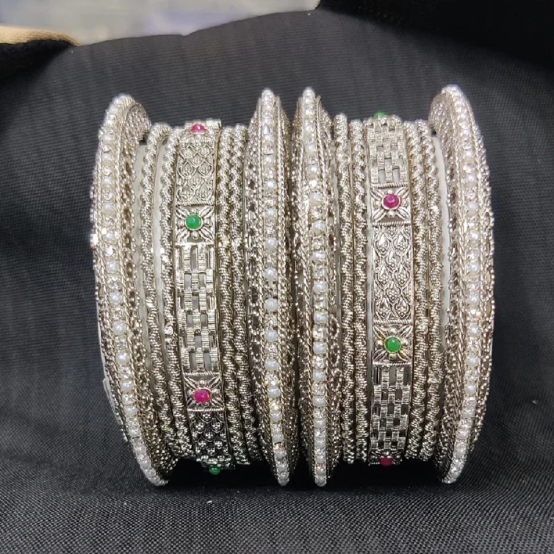 women’s tennis bangle-Pooja Bangles Silver  Plated Pota Stone And Pearl Bangles Set