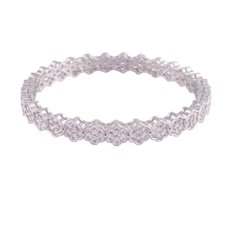 women’s silver bracelet-Etnico Traditional Silver Plated Floral Brass Bangles Encased With CZ American Diamonds For Women/Girls (ADB300S-a) (Set of 2)