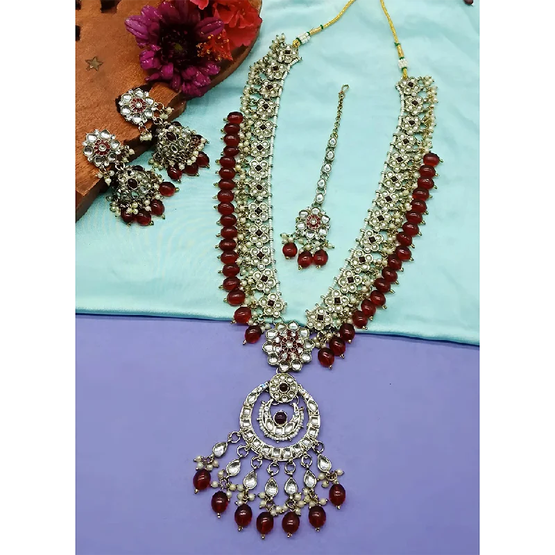 women’s couple necklace-Gehana Mahal Kundan Stone And Meenakari Pearls Long Necklace Set