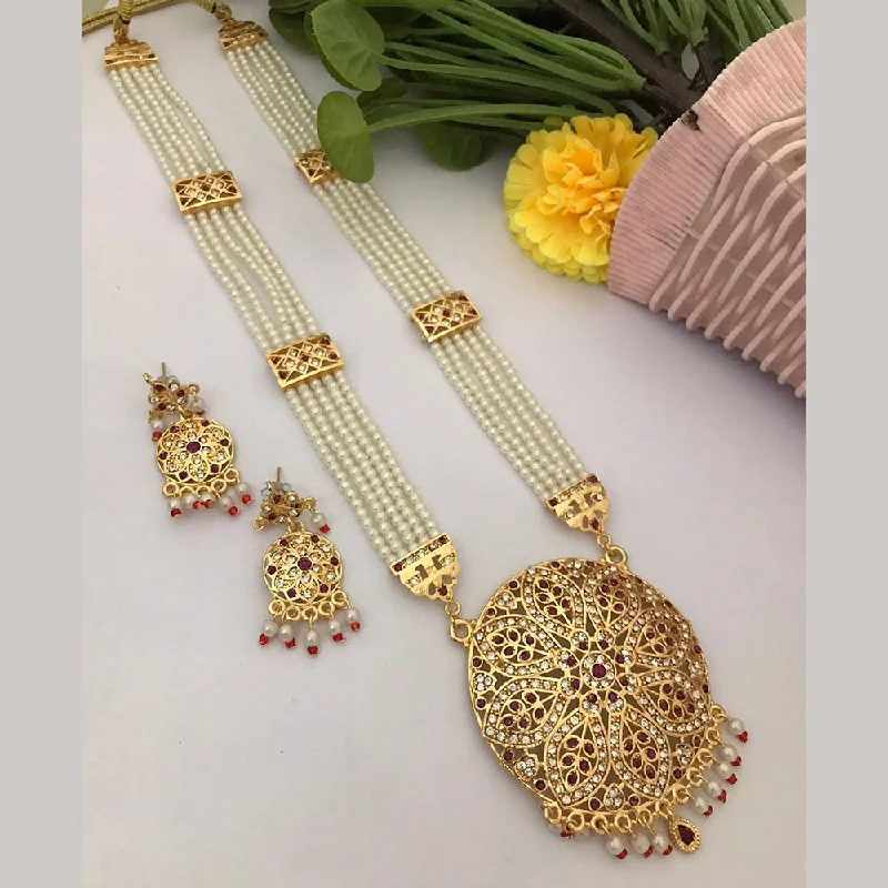 women’s textured necklace-FS Collection Gold Plated Austrian Stone Pearls Necklace Set