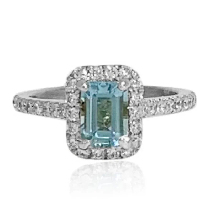 women’s radiant cut engagement ring-White Gold Blue Topaz and Diamond Ring