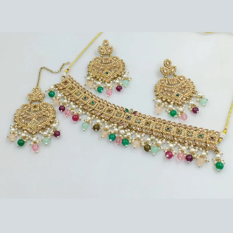 women’s gemstone pendant necklace-Rajwadi Collection Gold Plated Crystal Stone And Beads Choker  Necklace Set