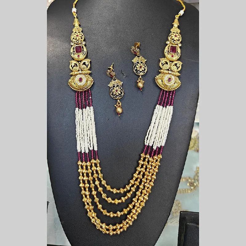 women’s ruby necklace-Manisha Jewellery Gold Plated Pota Stone And Pearls Long Necklace Set