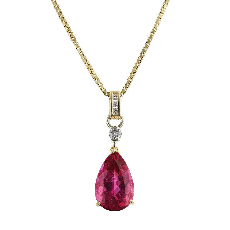 women’s long chain necklace-Pear Shape Pink Tourmaline and Diamond Pendant Necklace