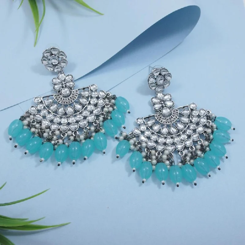 women’s sapphire earrings-Etnico Silver Oxidised Kundan & Pearl Chandbali Earrings For Women (E3106ZSb)