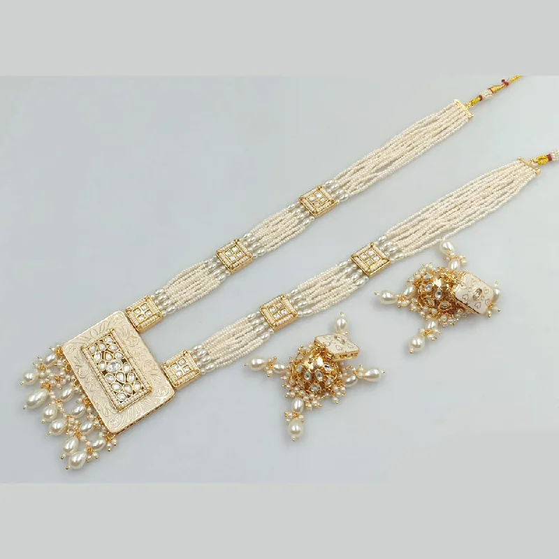 women’s fancy diamond necklace-JCM Gold Plated Kundan Stone Pearls And Beads Meenakari Long Necklace Set